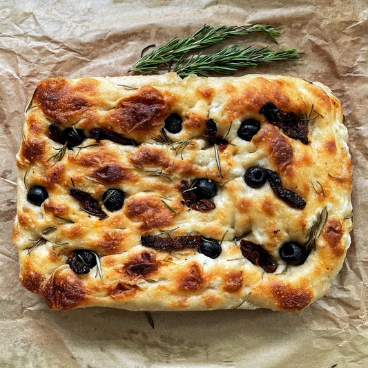 Olives and Sun-dried Tomatoes Sourdough Focaccia